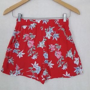 H&M Womens Shorts 0 Red White Floral High‎ Rise Pull On Shorts Pockets Relaxed